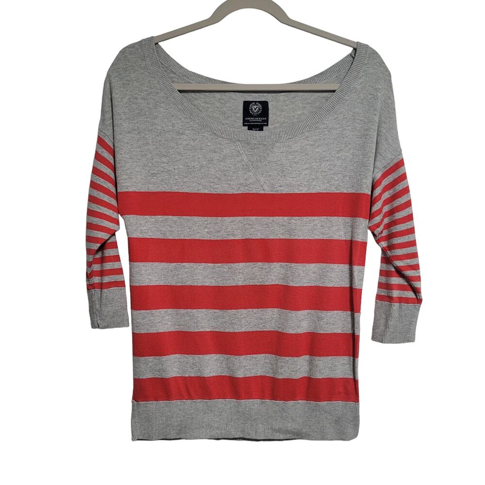 American Eagle Women's Gary Salmon Stripes Boat Neck 3/4 Sleeve Small - Picture 1 of 4